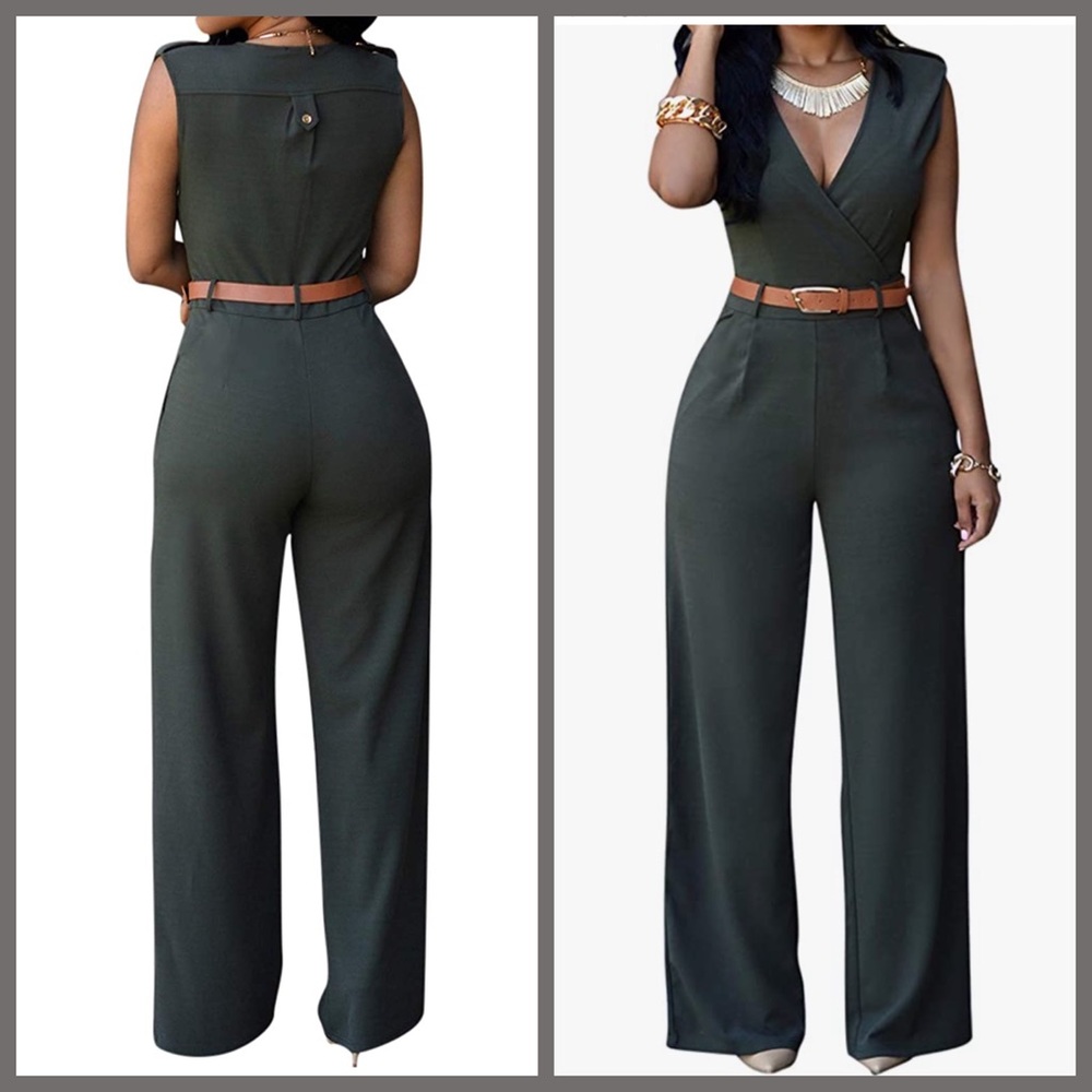 Womens Button Up Wide Leg Pant Jumpsuits with Belt